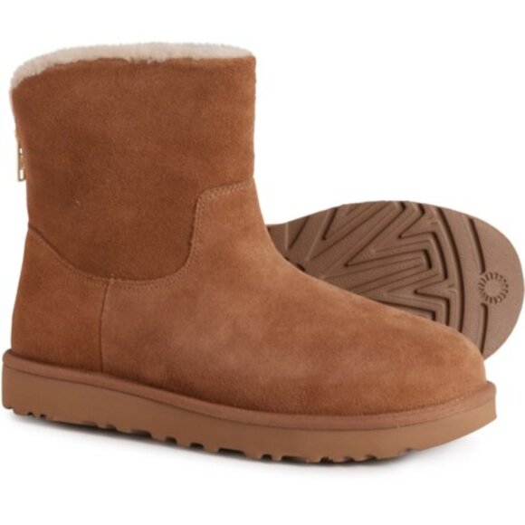 UGG WOMEN'S MINI ZIP SUEDE SHEARLING LINED ANKLE‎ BOOTS CHESTNUT NEW - Picture 1 of 10